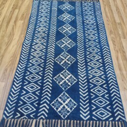 Hand Block Print Cotton Rug Indigo Aztec Design - thumbnail 4