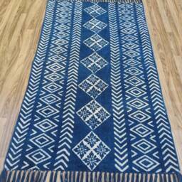 Hand Block Print Cotton Rug Indigo Aztec Design - thumbnail 3