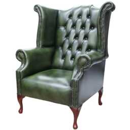 Fixed Seat Chair Authentic Chesterfield Real Antique Green Leather - thumbnail 3