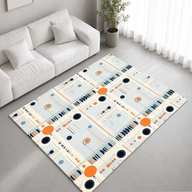 Pale Blue Orange Retro Atomic Rug Non-Slip Soft Area Carpet Bedroom Living Room Hallway Mat Decor - Made in UK - image 1