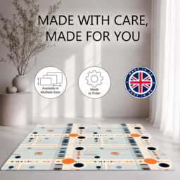 Pale Blue Orange Retro Atomic Rug Non-Slip Soft Area Carpet Bedroom Living Room Hallway Mat Decor - Made in UK - thumbnail 2