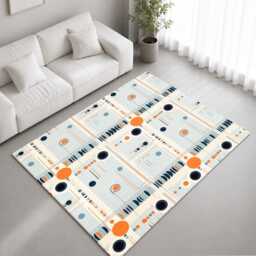 Pale Blue Orange Retro Atomic Rug Non-Slip Soft Area Carpet Bedroom Living Room Hallway Mat Decor - Made in UK