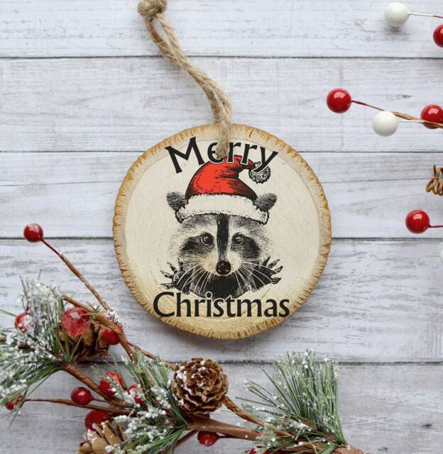 Raccoon Ornament, Merry Christmas Tree Natural Pine Wood Slice, Trash Panda, Ornament Decoration, Gift Idea - image 1