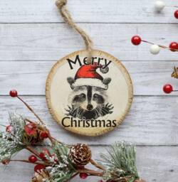Raccoon Ornament, Merry Christmas Tree Natural Pine Wood Slice, Trash Panda, Ornament Decoration, Gift Idea - thumbnail 1