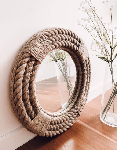 Small 41cm - 16Inch Round Mirror Medium Natural Rope Twisted Jute Nautical Hampton Coastal Style Decorative Wall Art Hanging - image 1
