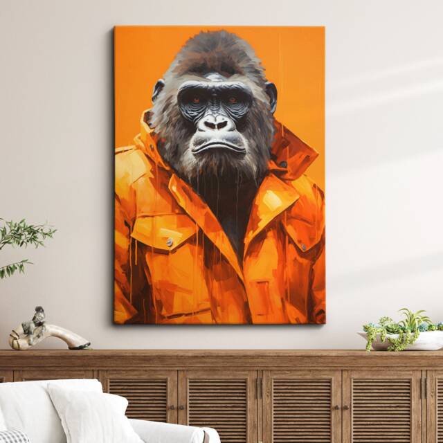 Gorilla With Coat Hood Animal Abstract Oil Painting Splatter Style Wall Art, Framed Canvas Poster Print, Home Kitchen Office Room Decor - image 1