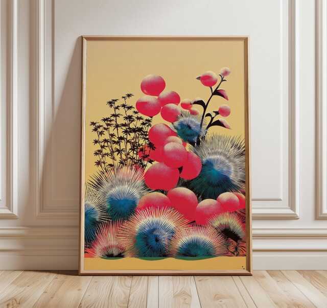 Japanese Floral Poster, Modern Dahlia Wall Art Print, Bold Red & Blue Botanical Design, Contemporary Flower Decor For Living Room - image 1