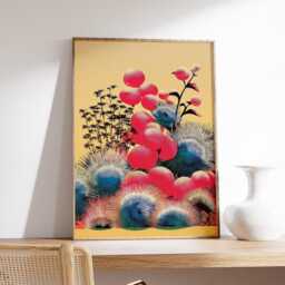 Japanese Floral Poster, Modern Dahlia Wall Art Print, Bold Red & Blue Botanical Design, Contemporary Flower Decor For Living Room - thumbnail 2