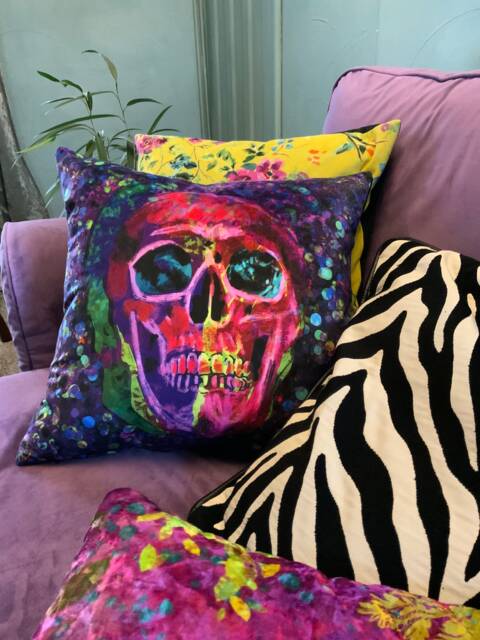 Halloween Skull Velvet Cushion Cover Glam Rock Comic Art - image 1