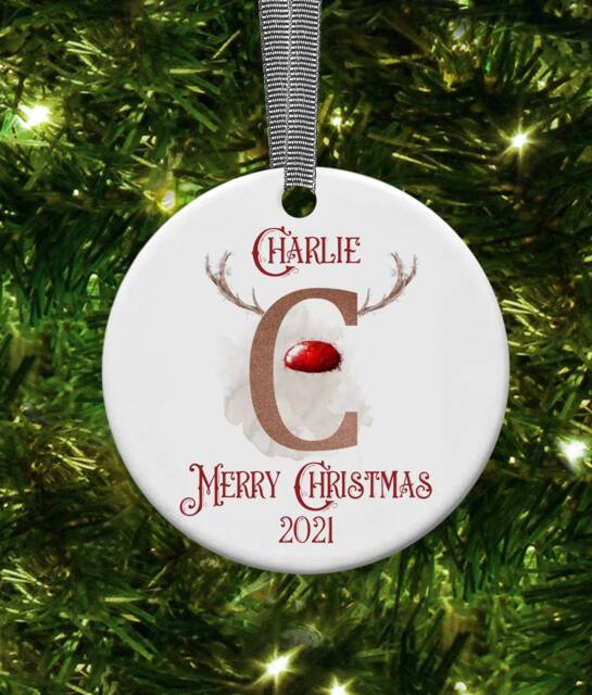 Personalized Initial Reindeer Ceramic Christmas Ornament - image 1