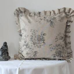 Pale Grey Floral Cotton Cushion Cover With Frills - Neutral Linen Background Vintage Interiors, Handmade Cushions - thumbnail 2