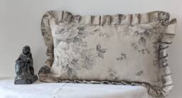 Pale Grey Floral Cotton Cushion Cover With Frills - Neutral Linen Background Vintage Interiors, Handmade Cushions - thumbnail 1