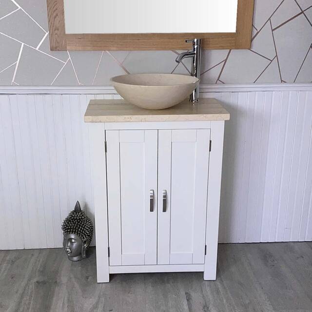 Painted White Bathroom Vanity Unit - Cream Marble Top & Basin 310Pcm025cm - image 1