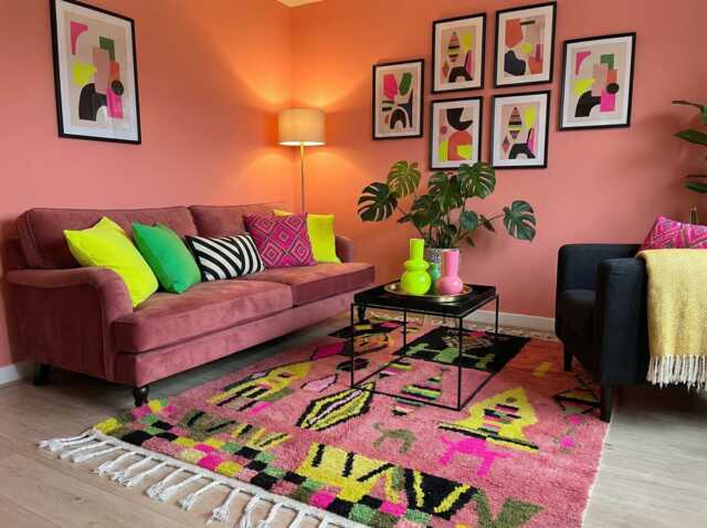 Authentic Handmade Moroccan Rug - Bright Pink Geometric Tribal Wool Carpet Colorful Maximalist Area - image 1