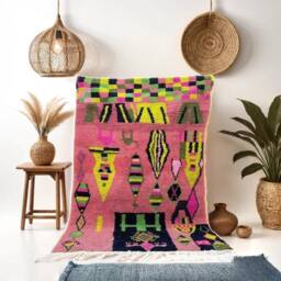 Authentic Handmade Moroccan Rug - Bright Pink Geometric Tribal Wool Carpet Colorful Maximalist Area - thumbnail 2