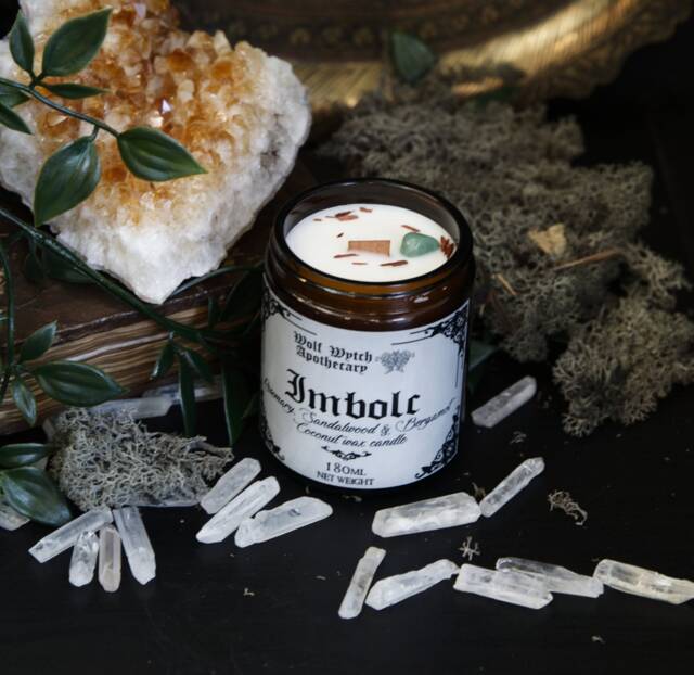Imbolc Candle, Witchy Spring Pagan Sabbat Crystal Candle For Witches, Rosemary & Sandalwood Scented - image 1