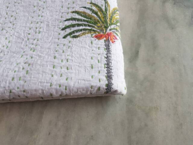 Indian Handmade New Palm Tree Kantha Quilt Twin Size Blanket 90x60 Cotton Feeling Bedspread Pure Throw - image 1