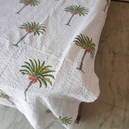 Indian Handmade New Palm Tree Kantha Quilt Twin Size Blanket 90x60 Cotton Feeling Bedspread Pure Throw - thumbnail 2