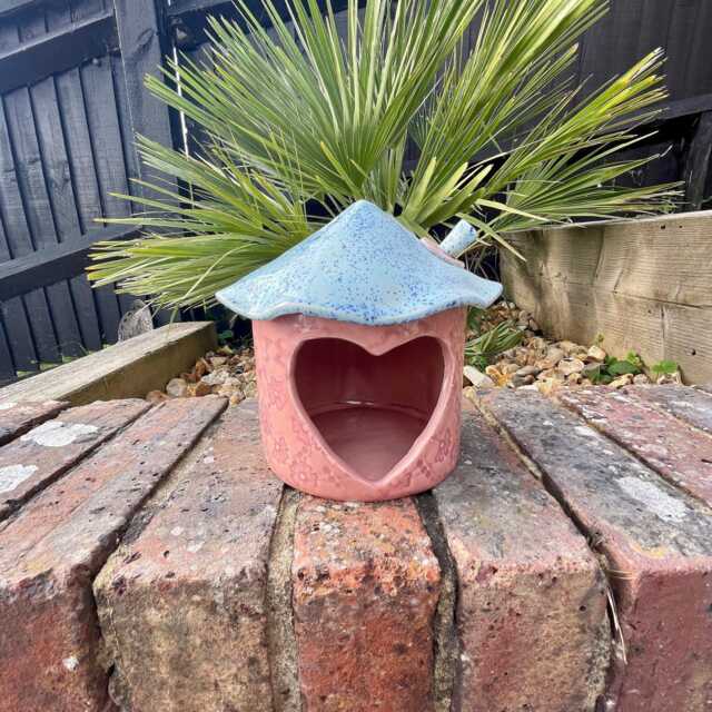 Pink & Blue Ceramic Bird Feeder, Handmade Garden Decoration - image 1