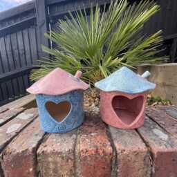 Pink & Blue Ceramic Bird Feeder, Handmade Garden Decoration - thumbnail 2