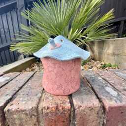 Pink & Blue Ceramic Bird Feeder, Handmade Garden Decoration - thumbnail 3