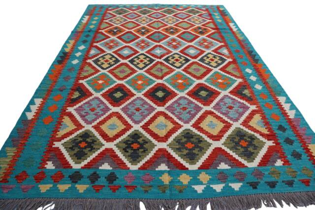 7x10 Ft Boho Kilim Area Rug - Afghan Flatweave Handmade Natural Veg Dyes Wool Rug, Geometric Turquoise Blue Green Red Living Room - image 1