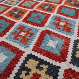 7x10 Ft Boho Kilim Area Rug - Afghan Flatweave Handmade Natural Veg Dyes Wool Rug, Geometric Turquoise Blue Green Red Living Room - thumbnail 4