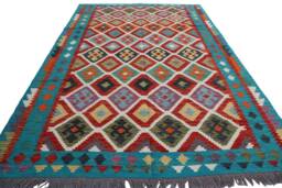 7x10 Ft Boho Kilim Area Rug - Afghan Flatweave Handmade Natural Veg Dyes Wool Rug, Geometric Turquoise Blue Green Red Living Room - thumbnail 1