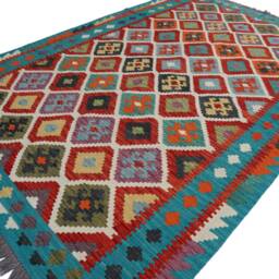 7x10 Ft Boho Kilim Area Rug - Afghan Flatweave Handmade Natural Veg Dyes Wool Rug, Geometric Turquoise Blue Green Red Living Room - thumbnail 2