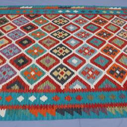 7x10 Ft Boho Kilim Area Rug - Afghan Flatweave Handmade Natural Veg Dyes Wool Rug, Geometric Turquoise Blue Green Red Living Room - thumbnail 3
