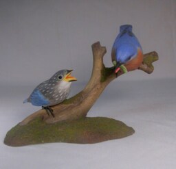 Eastern Bluebird - Male With A Baby Wooden Carved Bird - thumbnail 1