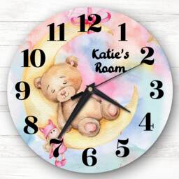 Watercolour Rainbow Girls Room Sleepy Bear Custom Gift Personalised Clock - thumbnail 1