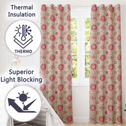 Vintage Floral Medallion Pattern With Pink Blooms & Teal Leaves Seamless Readymade Eyelet Ring Top Thermal 100% Blackout Curtains - thumbnail 3