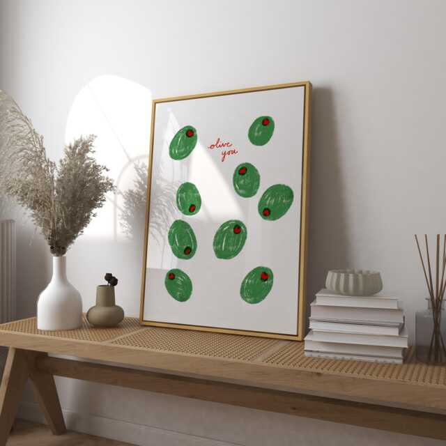Olive You Art Print, Retro Bar Cart Illustration, Modern Kitchen Wall Decor - image 1