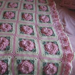 Crochet Pink Roses Afghan Handmade Ruffle Throw With Satin Bows - thumbnail 4