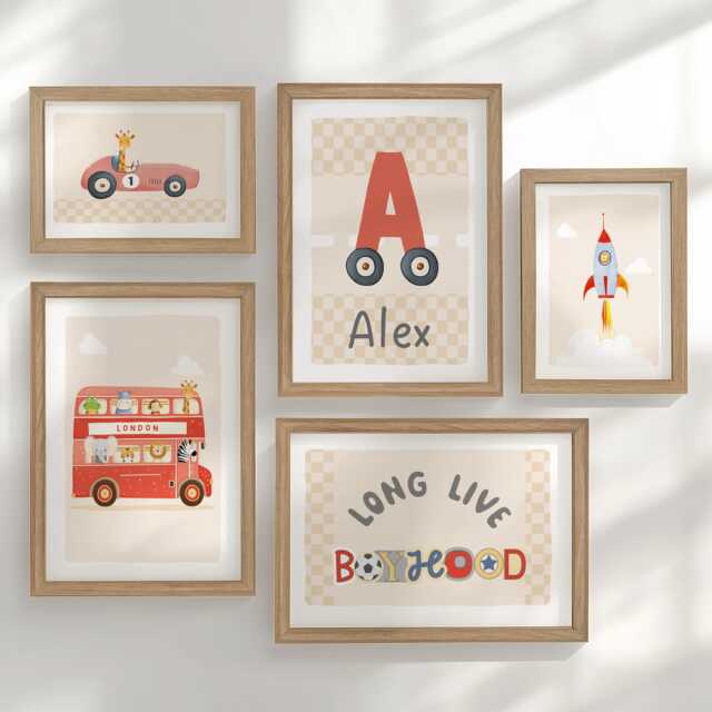 Long Live Boyhood Nursery Prints - Car, Bus & Rocket Decor Playroom Gallery Wall Optional Frames - image 1
