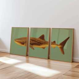 Whale Shark Print Set, Vintage Teal Gold Ocean Art