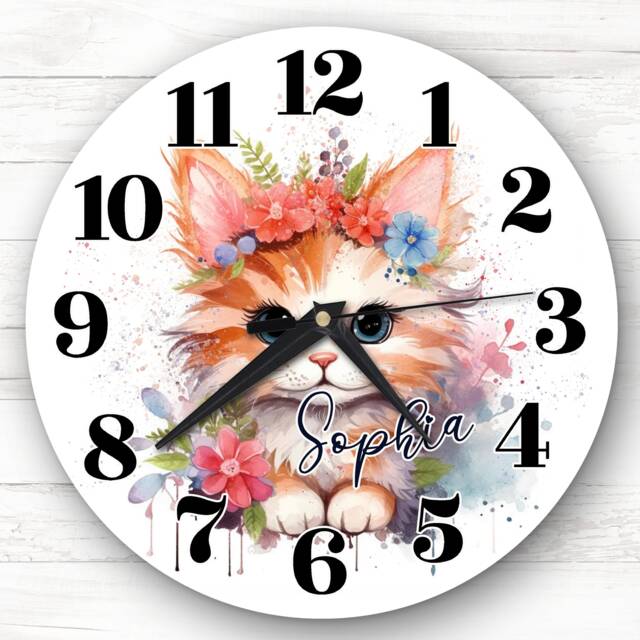 Watercolour Cat Floral Cute Kitten Girls Room Custom Gift Personalised Clock - image 1