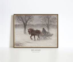 Country Winter Sleigh Ride Painting, Vintage Holiday Farmhouse Wall Art, Snowy Landscape Print, Christmas Canvas Decor, Digital Art Poster - thumbnail 1