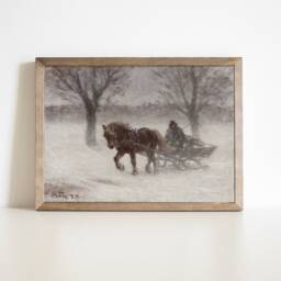 Country Winter Sleigh Ride Painting, Vintage Holiday Farmhouse Wall Art, Snowy Landscape Print, Christmas Canvas Decor, Digital Art Poster - thumbnail 3