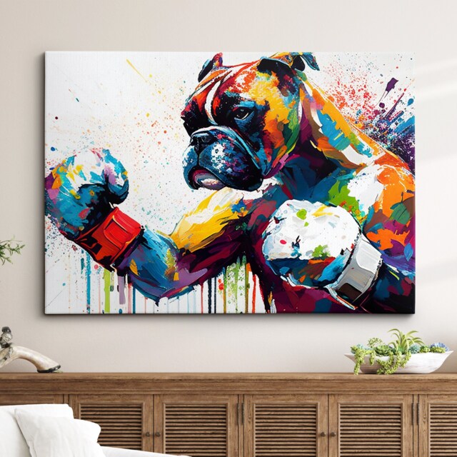 Boxer Boxing Gloves Abstract Dog Pet Animal Painting Splatter Wall Art, Framed Canvas Poster Print, Home Kitchen Office Room Decor, Gifts - image 1