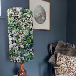 Botanical Flowers Velvet Cylinder Lampshade, Extra Tall Lampshade White Floral Velvet - thumbnail 1