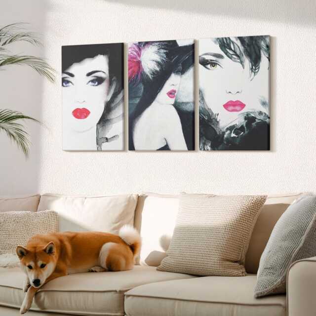 Canvas Set Of 3 Wall Art - Painted Portraits Women With Expressive Lips, Pink Picture Print, Artwork Decor - image 1