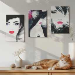 Canvas Set Of 3 Wall Art - Painted Portraits Women With Expressive Lips, Pink Picture Print, Artwork Decor - thumbnail 3