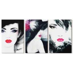 Canvas Set Of 3 Wall Art - Painted Portraits Women With Expressive Lips, Pink Picture Print, Artwork Decor - thumbnail 2