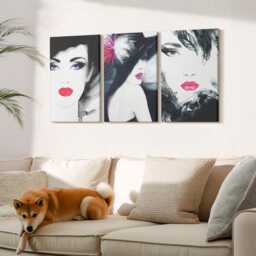 Canvas Set Of 3 Wall Art - Painted Portraits Women With Expressive Lips, Pink Picture Print, Artwork Decor - thumbnail 1