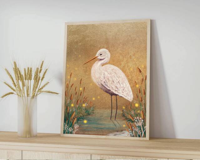A5 A4 Limited Edition Gold Original Art Print - Lonely Watcher Stork Art Night Lake Fantasy Poster Whimsical Woodlands - image 1