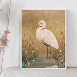 A5 A4 Limited Edition Gold Original Art Print - Lonely Watcher Stork Art Night Lake Fantasy Poster Whimsical Woodlands - thumbnail 2