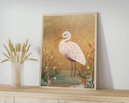 A5 A4 Limited Edition Gold Original Art Print - Lonely Watcher Stork Art Night Lake Fantasy Poster Whimsical Woodlands - thumbnail 1