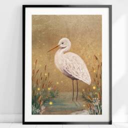 A5 A4 Limited Edition Gold Original Art Print - Lonely Watcher Stork Art Night Lake Fantasy Poster Whimsical Woodlands - thumbnail 3
